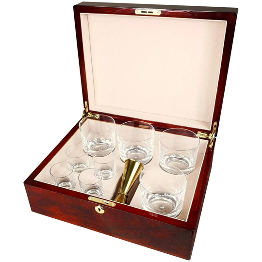 Hillwood Crystal Whisky Tumbler & Shot Glass Set in A Luxury Makah Burlwood Box. | D601Vm