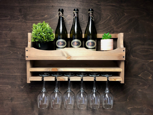 Personalised Wooden Wine Bottle Holder & 6 Glass Wall Mounted Display Bar | 6Wo | Em