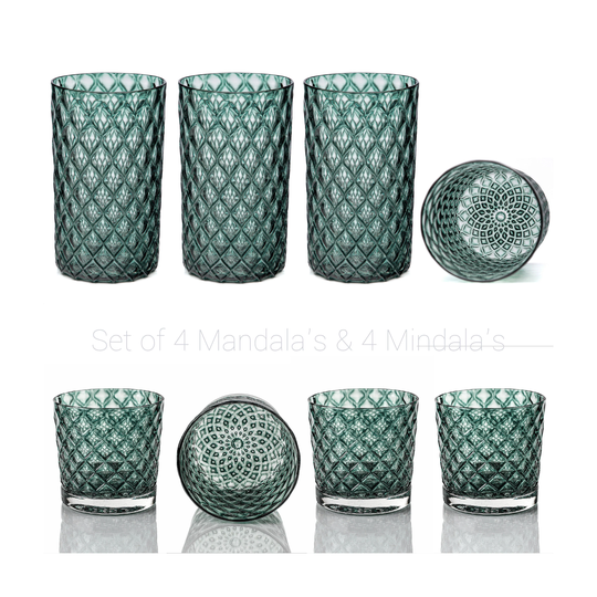 Deep Pine Mindala & Mandala Glass Set Of 8 - Handblown Glassware | Blown Tumblers Colorful Drinkware Cocktail Glasses