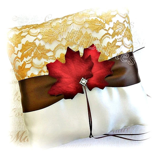Fall Leaves Wedding Ring Pillow - Maple Leaves, Gold Lace, Chocolate Brown Decorations