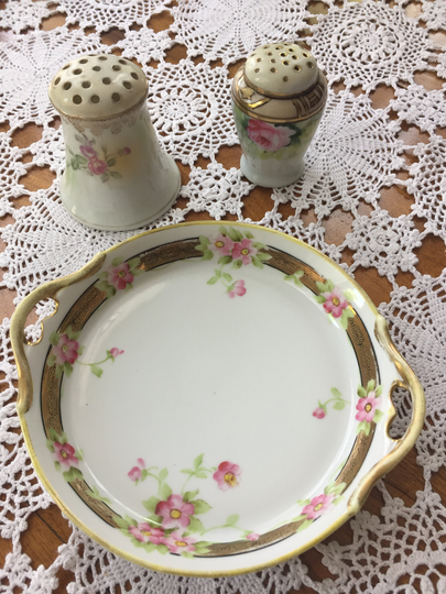 Antique Nippon Plate , Shaker & Hat Pin Holder Set Of Three English Roses Pattern French Brocante Appeal