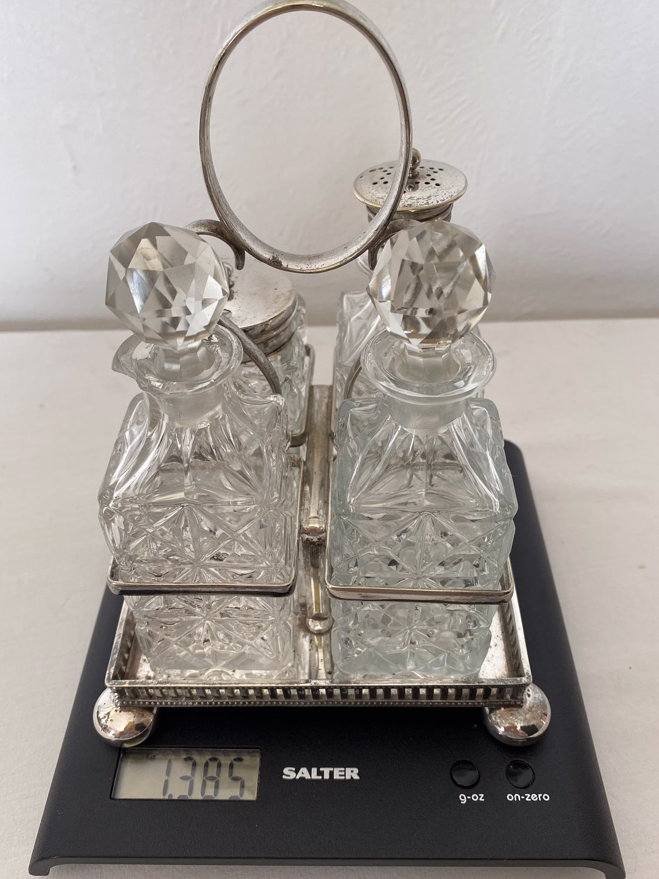 Antique Four Bottle Epns Silver Plated Cruet Condiment Set in Metal Tray With Handle
