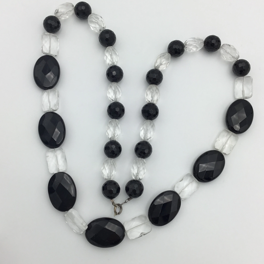 Long Faceted Clear Rock Crystal | Clear Quartz & Chunky Black Onyx Beads Graduated Necklace Sterling Silver Clasp. 26 Inch Or 66cm