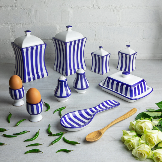 Navy Kitchen Set | Canisters, Spice Jars, Butter Dish, Cruet Set, Spoon Holder, Egg Cups, Handmade Ceramic Blue Stripe Of 10