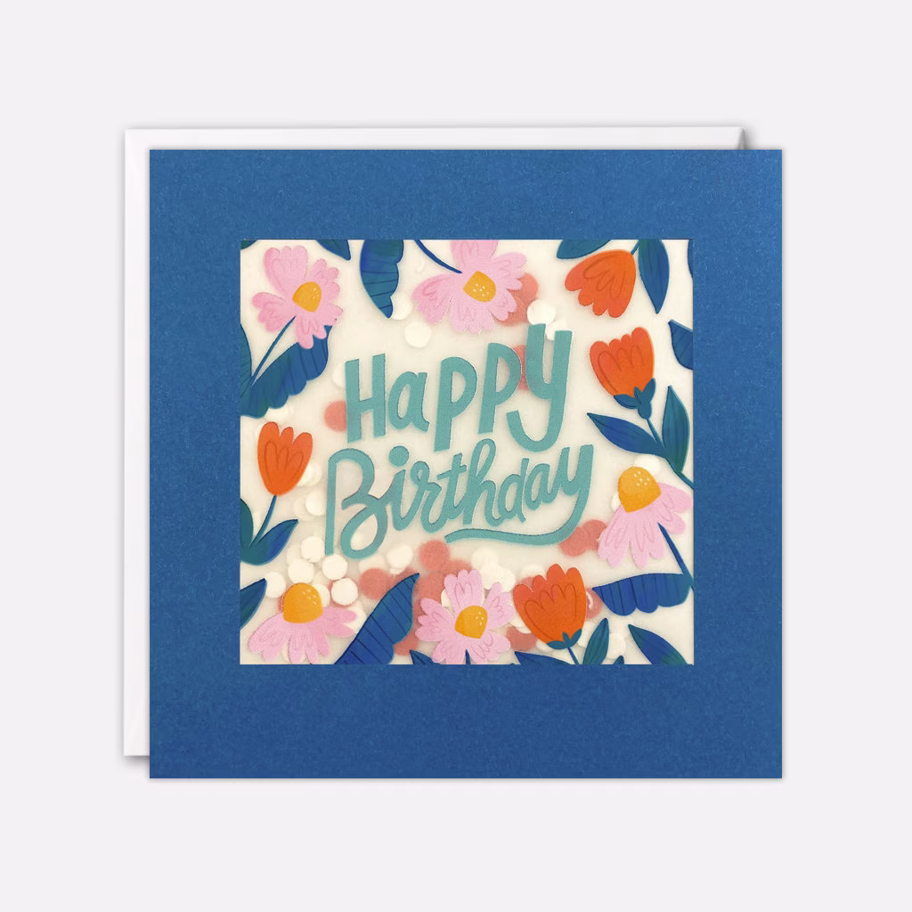 Blue & Orange Flowers Birthday Card With Paper Confetti - Shakies By James Ellis