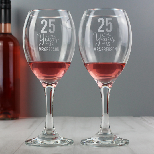 Any Number Anniversary Pair Of Personalised Wine Glasses - Anniverary Gift , Silver Gold Pearl Ruby Wedding Couple Day