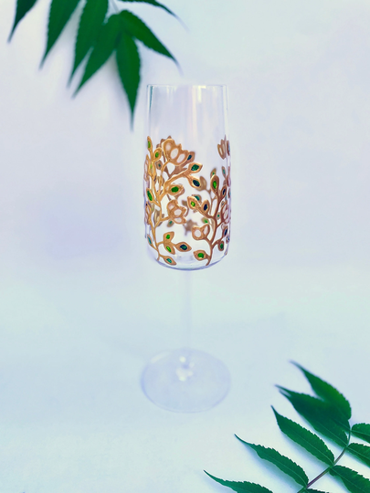 Iridescent White Floral Champagne/Prosecco Glass -Hand Painted