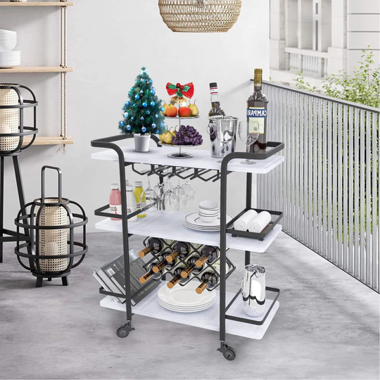 Bar Cart, 3-Tier Storage Serving Cart Rolling Wine Trolley Kitchen Island Cart With Wine Glass Holder, Handle Racks With Litght Stone Finish Wood And