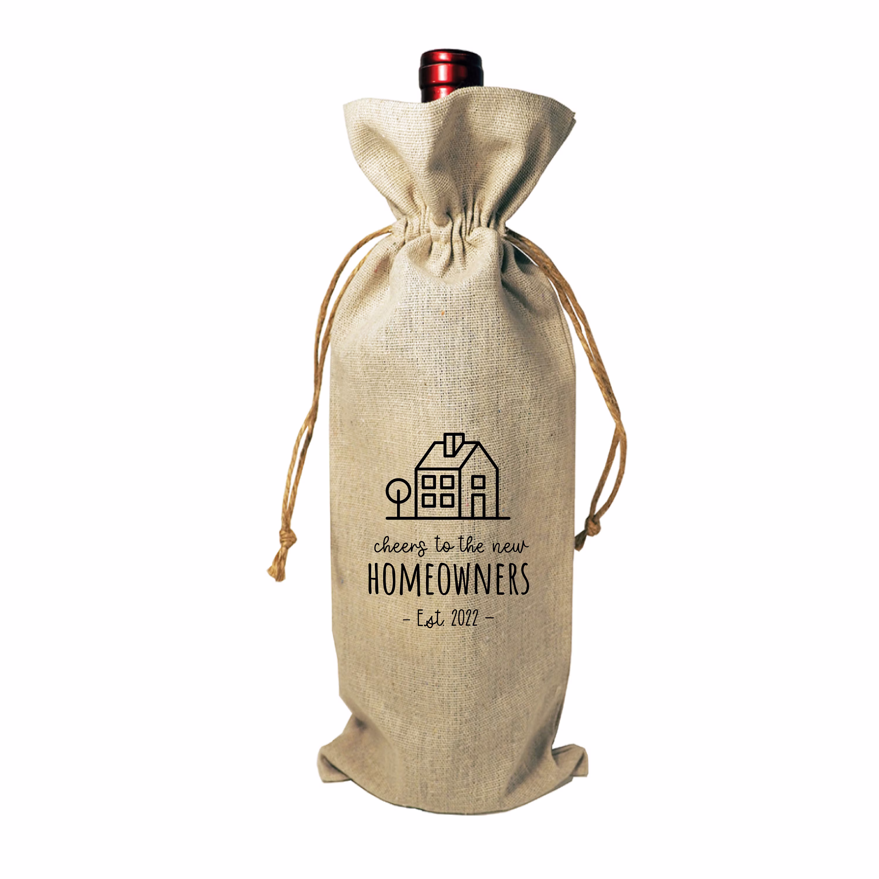 Wine Bottle Burlap Gift Bag Tote New House Drawstrings Tag Cheers To The Homeowners Housewarming Home Congratulations Party
