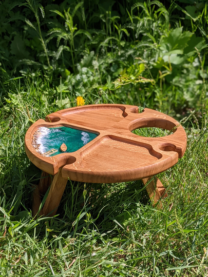 Outdoor Wine Serving Tray, Folding Wooden Picnic Table, Portable Oak Glasses & Bottle, Snack & Cheese Holder Tray