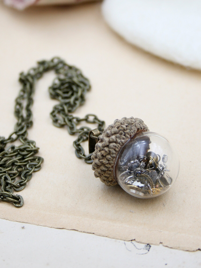 Acorn Top Glass Globe Pendant Necklace Steampunk Jewelry, Steam Punk Terrarium Statement With Watch Parts