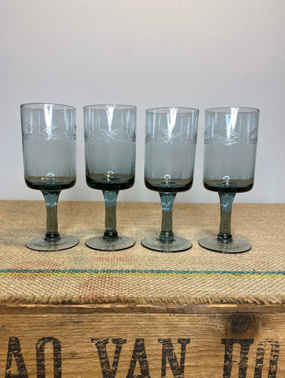 Beautiful Vintage Retro Grey Blue Etched Glasses