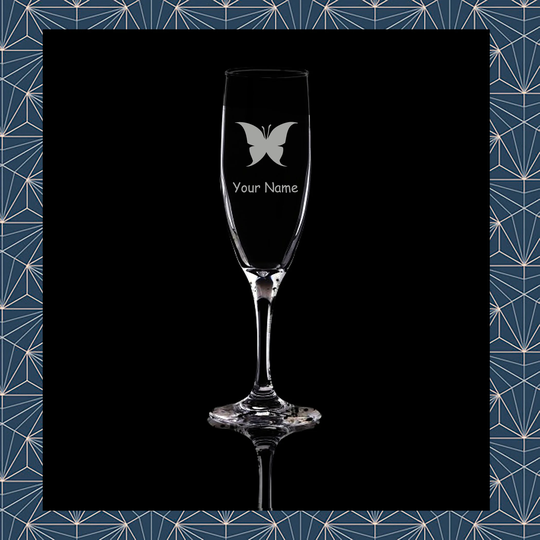 Butterfly Engraved Flute Prosecco Glass. Beautiful Etched Personalised With Name. Design Won't Wear Off Like Vinyl.44