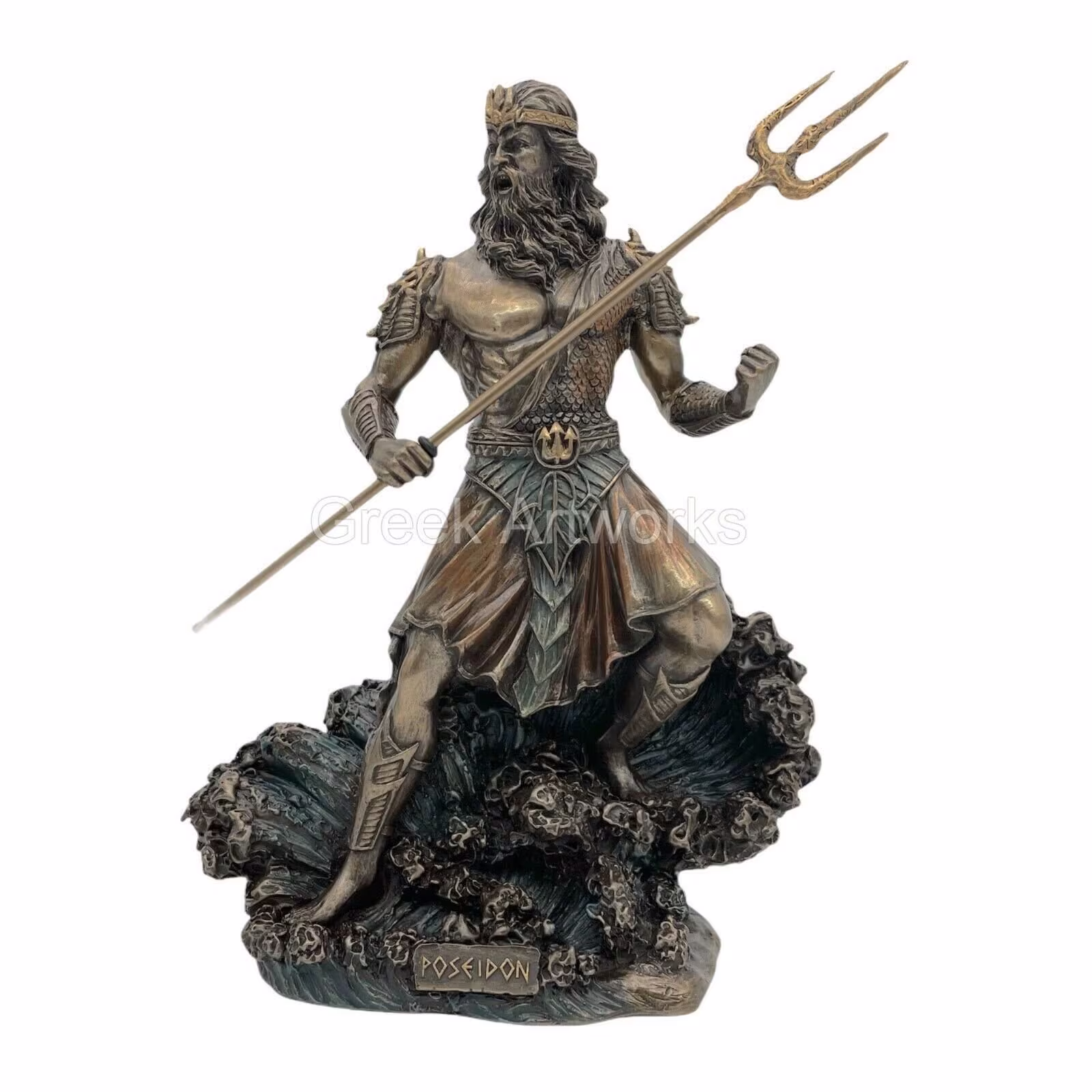 Poseidon Neptune With Trident On Wave Statue Sculpture Cold Cast Bronze & Resin