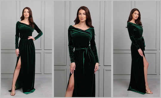 Dark Green Bridesmaid Velvet Maxi Dress Thistle Top V - Neck Long Sleeves Leg Knee Slit Cinched Waist