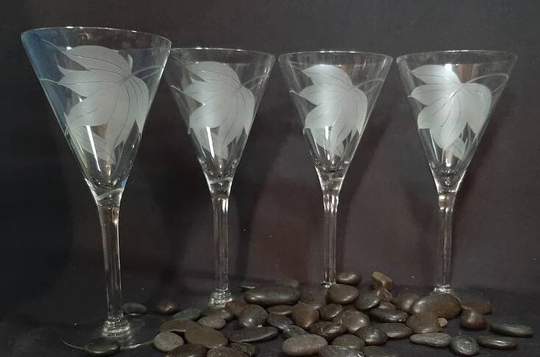 Etched Floral Cocktail Martini Glasses - Set Of Four | 4