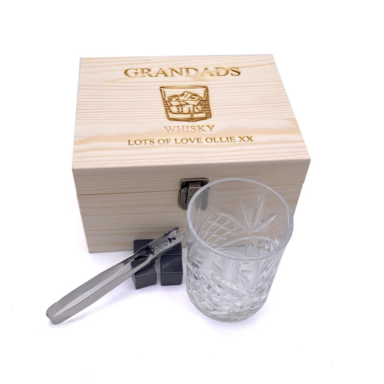 Personalised Whisky Stones Tumbler Natural Pine Wood Glass Gift Set For Him