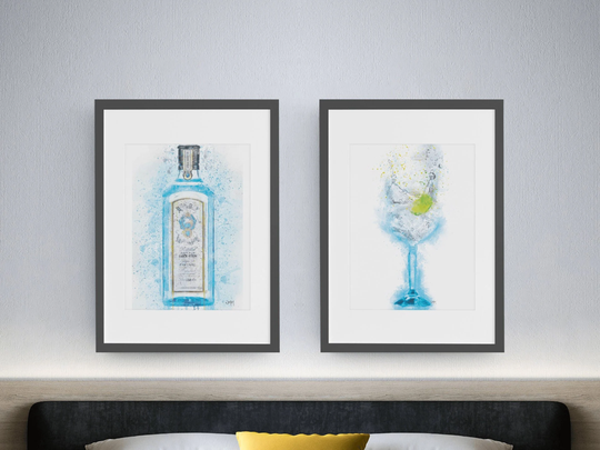 Gin & Tonic + Bombay Bottle Set Of 2 Splatter Wall Art Prints