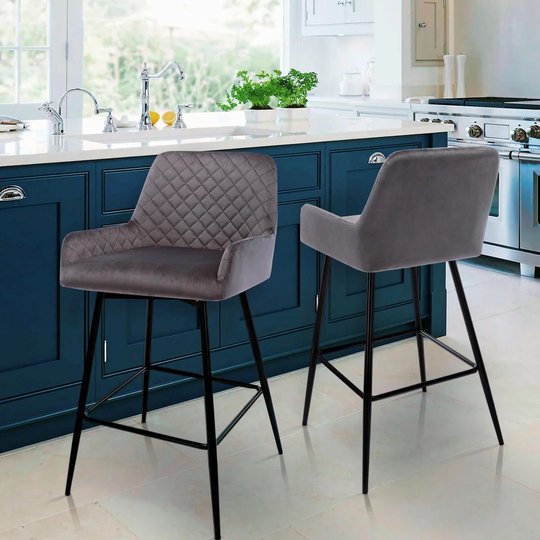 Bar Stool Set Of 2 Velvet Grey Dining Chair