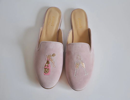 Champagne & Glasses Embroidered Flat Slippers, Pink Suede Leather, Leather Lining, Exclusive Painted Italian Sole