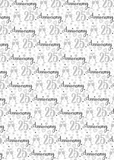 2 Sheets 25Th Wedding Anniversary Unisex Wrapping Paper Champagne Glass Design Giftwrap Male & Female Silver | Pa