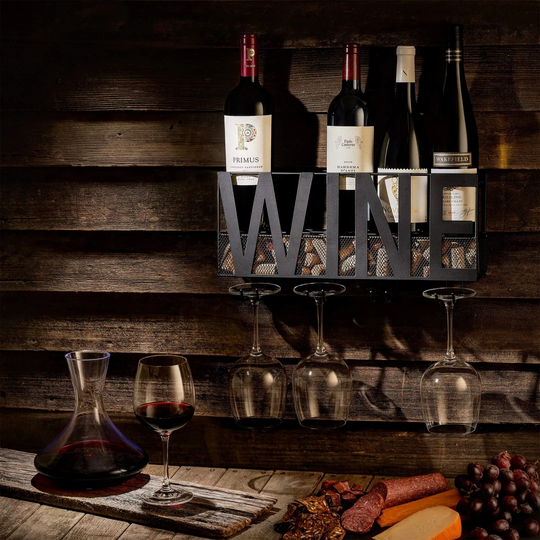 Hilmar-Irwin 5 Bottle Wall Mounted Wine Bottle & Glass Rack in Black