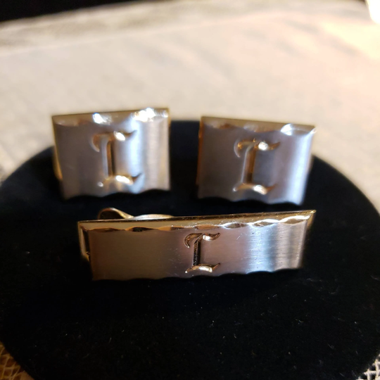 Vintage Monogram L Cufflinks & Tie Bar Set, Rectangular, Goldtone, Diamond Cut Edges, Made By Hickok Usa