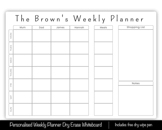A3 Personalised Weekly Family Planner Dry Wipe Whiteboard Wall Organiser, Meal Planner, Erase White Board Command Centre, Week Planning