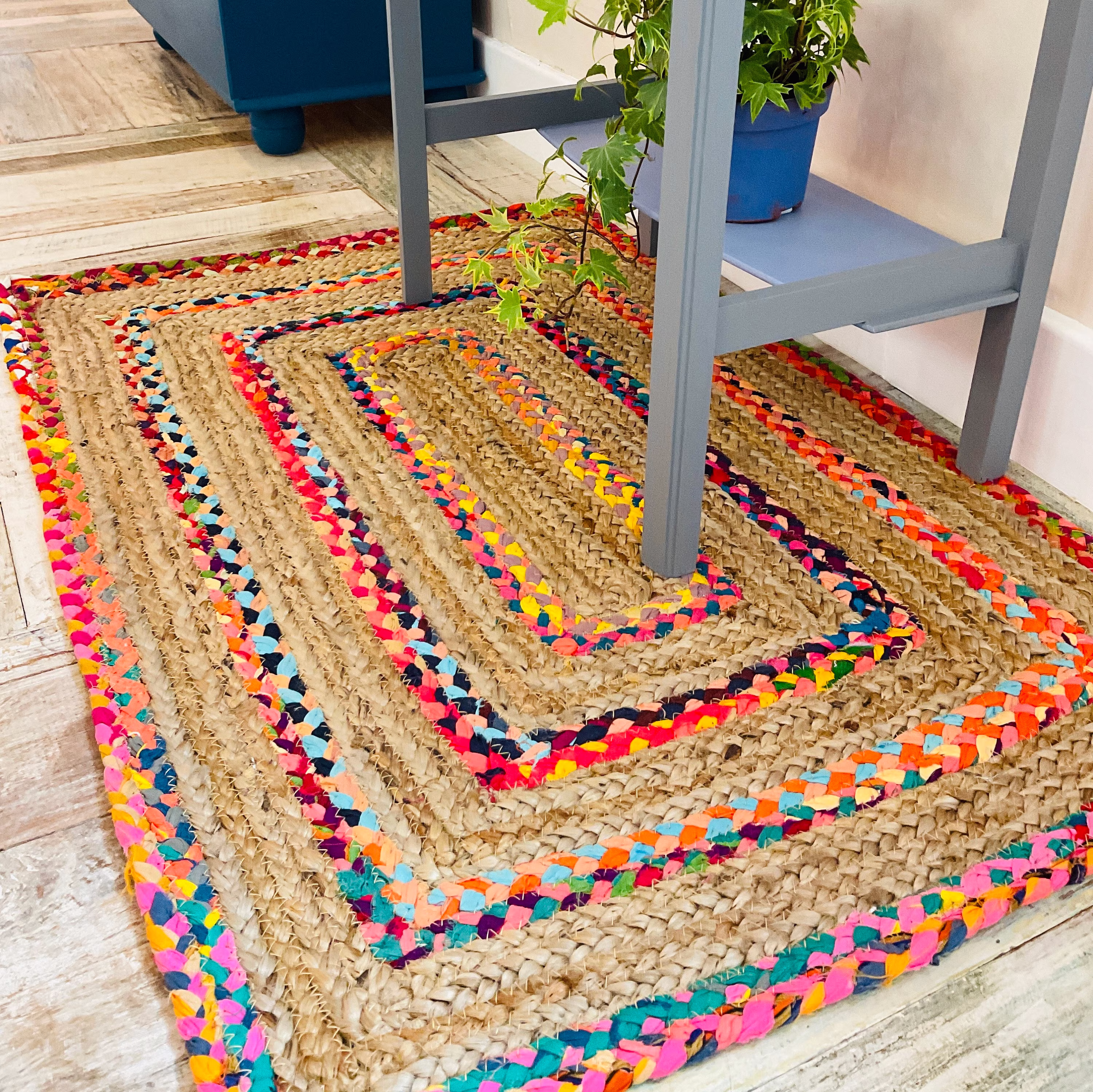 Fiesta Braided Area Rug Thick Stripe With Natural Jute & Multi Colour Recycled Material -Small Medium Large Or Runner