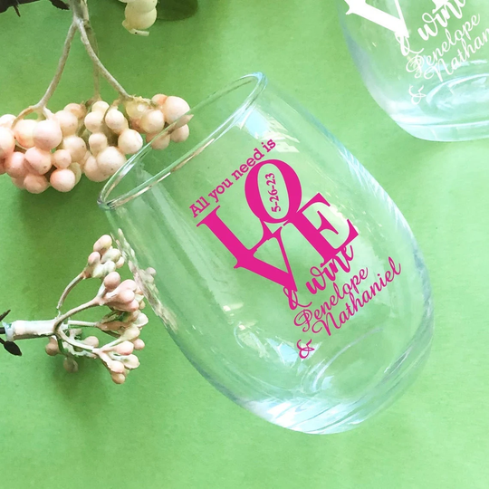 Printed 24 Pieces Of Love & Wine Personalized Stemless Glass Favors - Wedding {Item#858E-C}