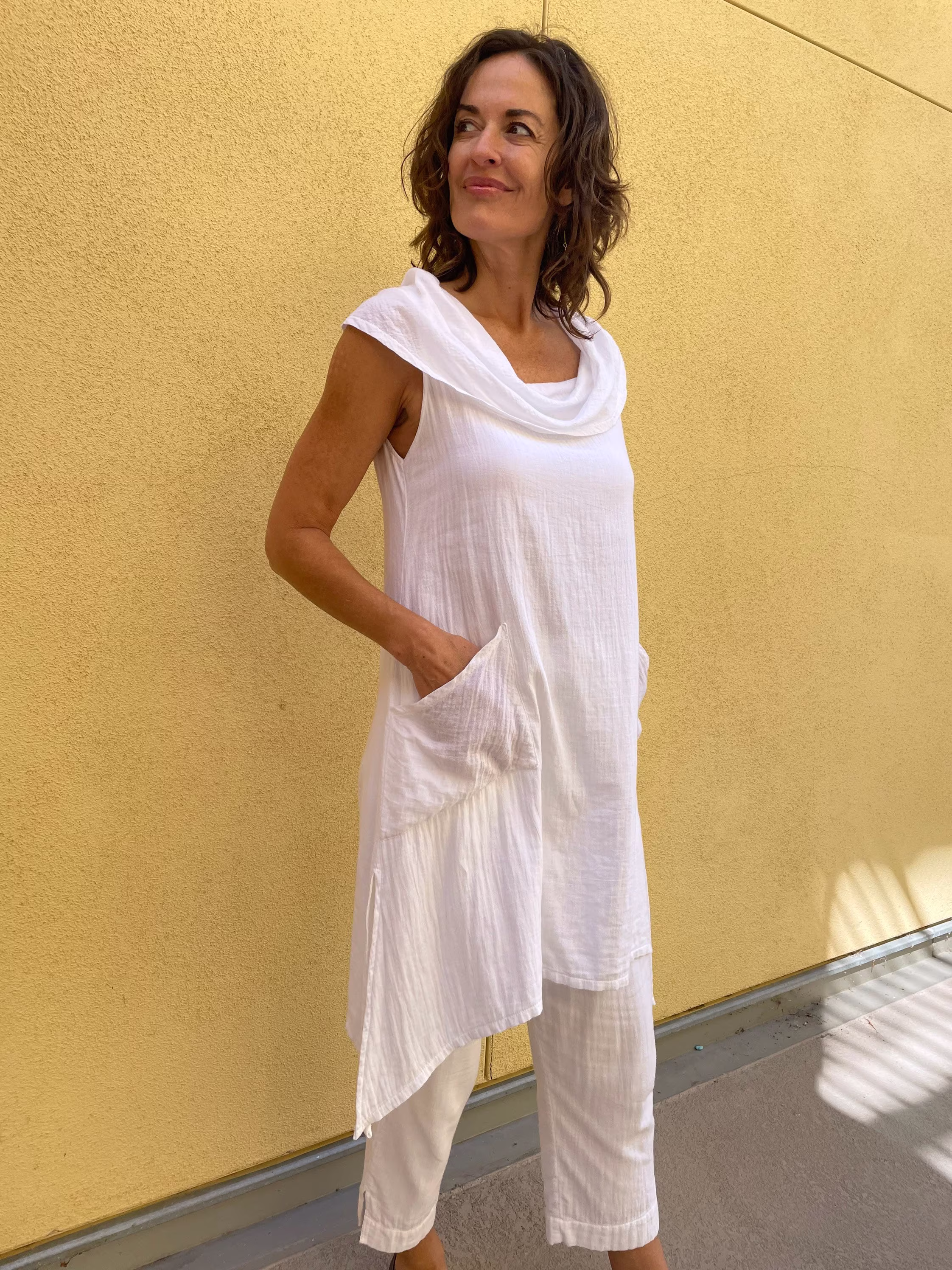Persephone Top - Cowl Neck Tunic Dress Natural Cotton Top White