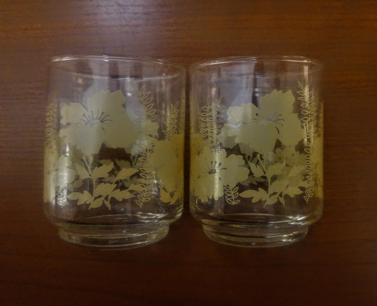 Libby Juice Glasses, Flower, Fern, Beige, Wildflower, Pair, Small, Set Of Two, 1970's, Tumbler, Cocktail Glass, Orange Juice, Drinking