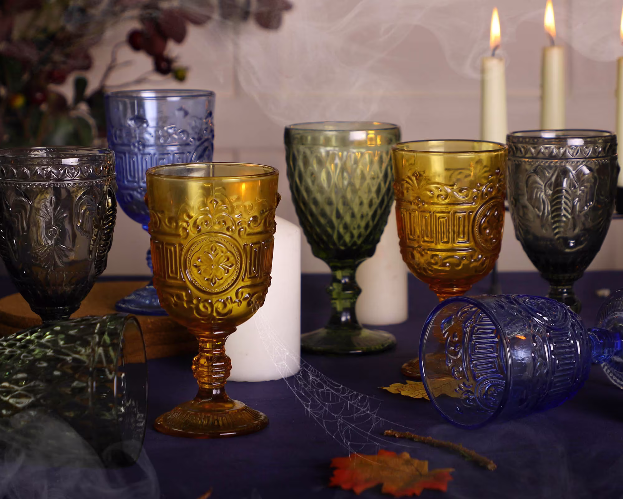 Vintage Style Embossed Glassware Collection Dishwasher Safe Mix & Match Festive Party Entertaining Wine Goblet Tumbler Punch Glasses