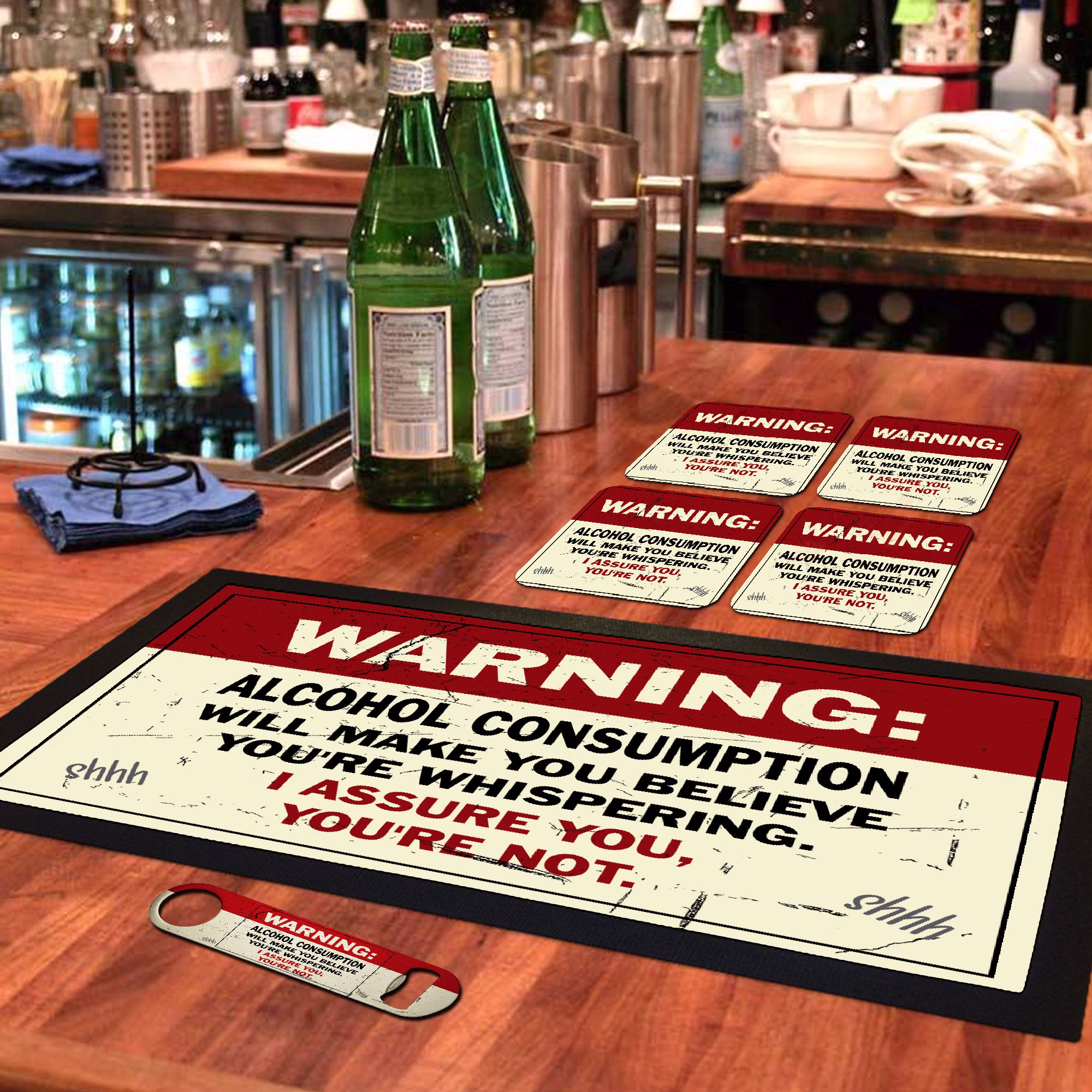 Bar Runner Mat, Matching Bottle Opener & 4 X Drinks Coasters Gift Set For Home Bars Pubs Garden Tiki - Bar-Run-Set-109