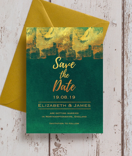 Emerald Green & Gold Wedding Save The Date Cards & Envelopes