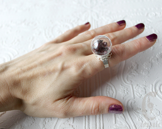 Glass Dome Ring Filled With Raw Semi-Precious Stone, Birthday Stone Ring, Gemstone Aventurine, Peridot, Tiger's Eye, Blue Topaz