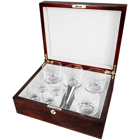 Hillwood Crystal Whisky Tumbler & Shot Glass Set in A Luxury English Burl Walnut Box. | D601Wn