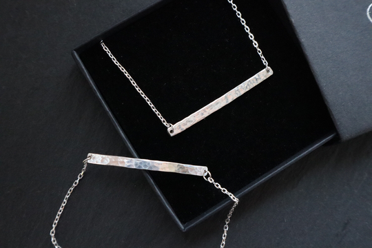Textured Bar Set Necklace & Bracelet Set, Sterling Silver, 925 Solid Hammered Line Necklace, Minimalist Boho Style