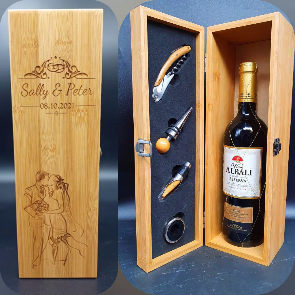 Personalized Gift - Wedding Gift Eco Friendly Bamboo Wine Box With 4 Tools Custom For Couple. Anniversary