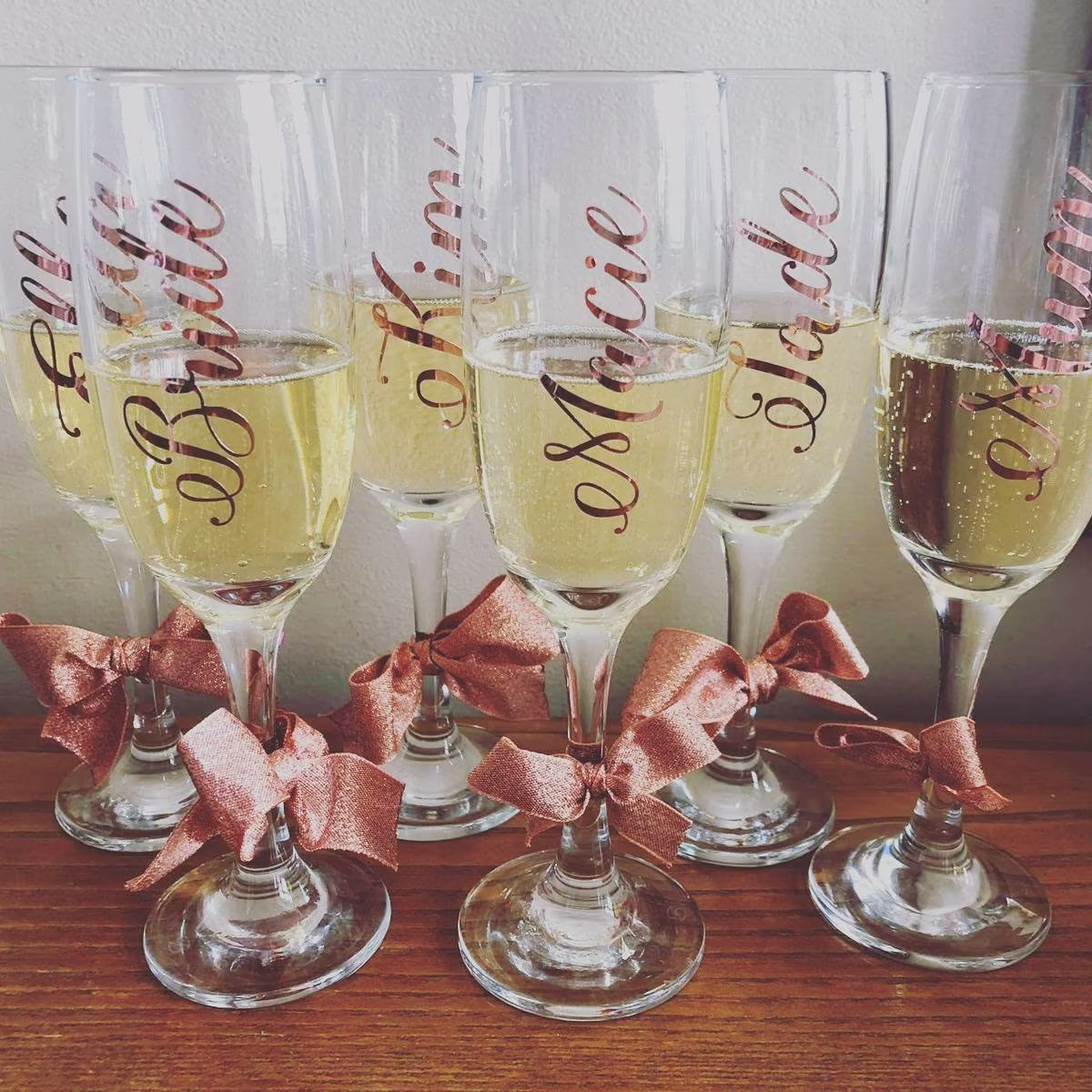 Personalised Rose Gold Champagne Flutes, Bridal Party Champagne Gift, Bridesmaid Glass, Wedding Glass