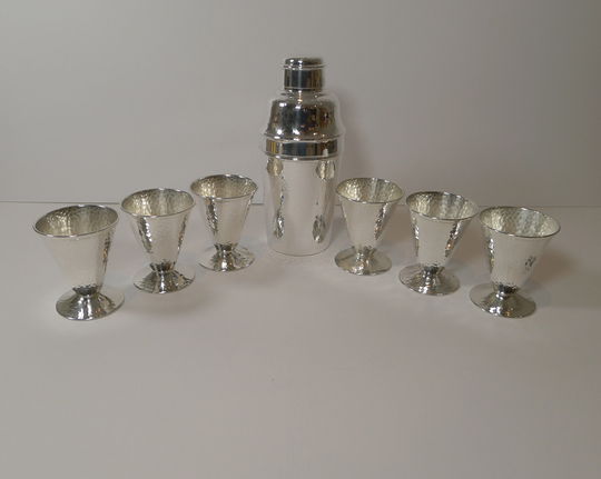 Art Deco Hammered Silver Plate Cocktail Shaker/Set C.1930