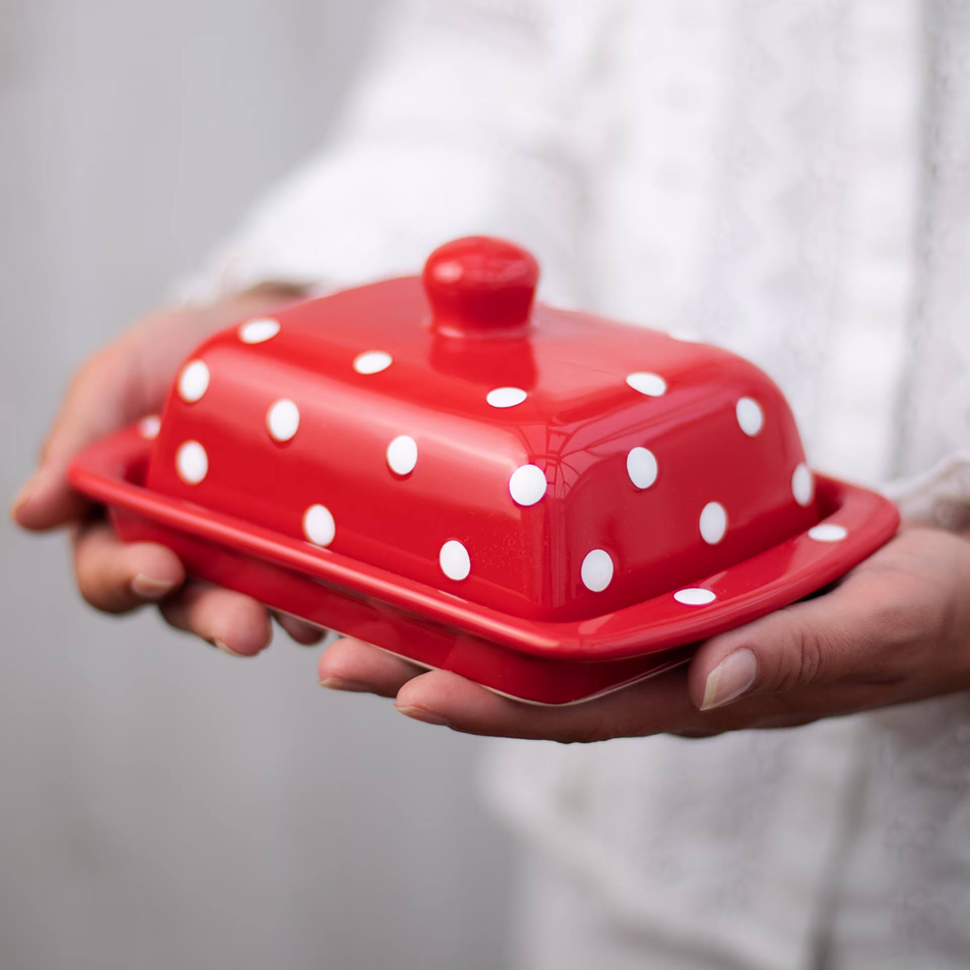 Red Covered Butter Dish With Lid, Ceramic Keeper, European Style White Polka Dot, Stoneware Handmade Pottery, Housewarming Gift