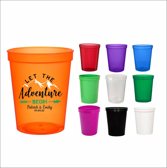 16 Oz Personalized Wedding Cups, Party Favors, Stadium Custom Let The Adventure Begin, Bachelorette, Getaway Trip