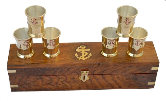 Set Of 6 Silver Coated Brass Wine Glass-Anchor Design Beer Shot Glass - 2