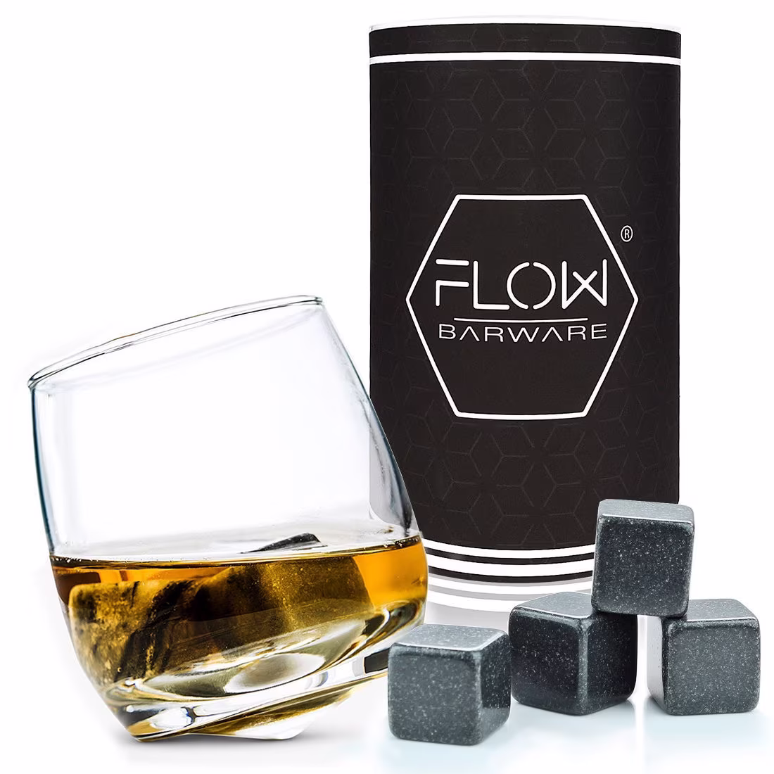 Rocking Whisky Glass & Stones | Novelty Tilted Whiskey Tumbler For Scotch, Rum, Bourbon, Gin