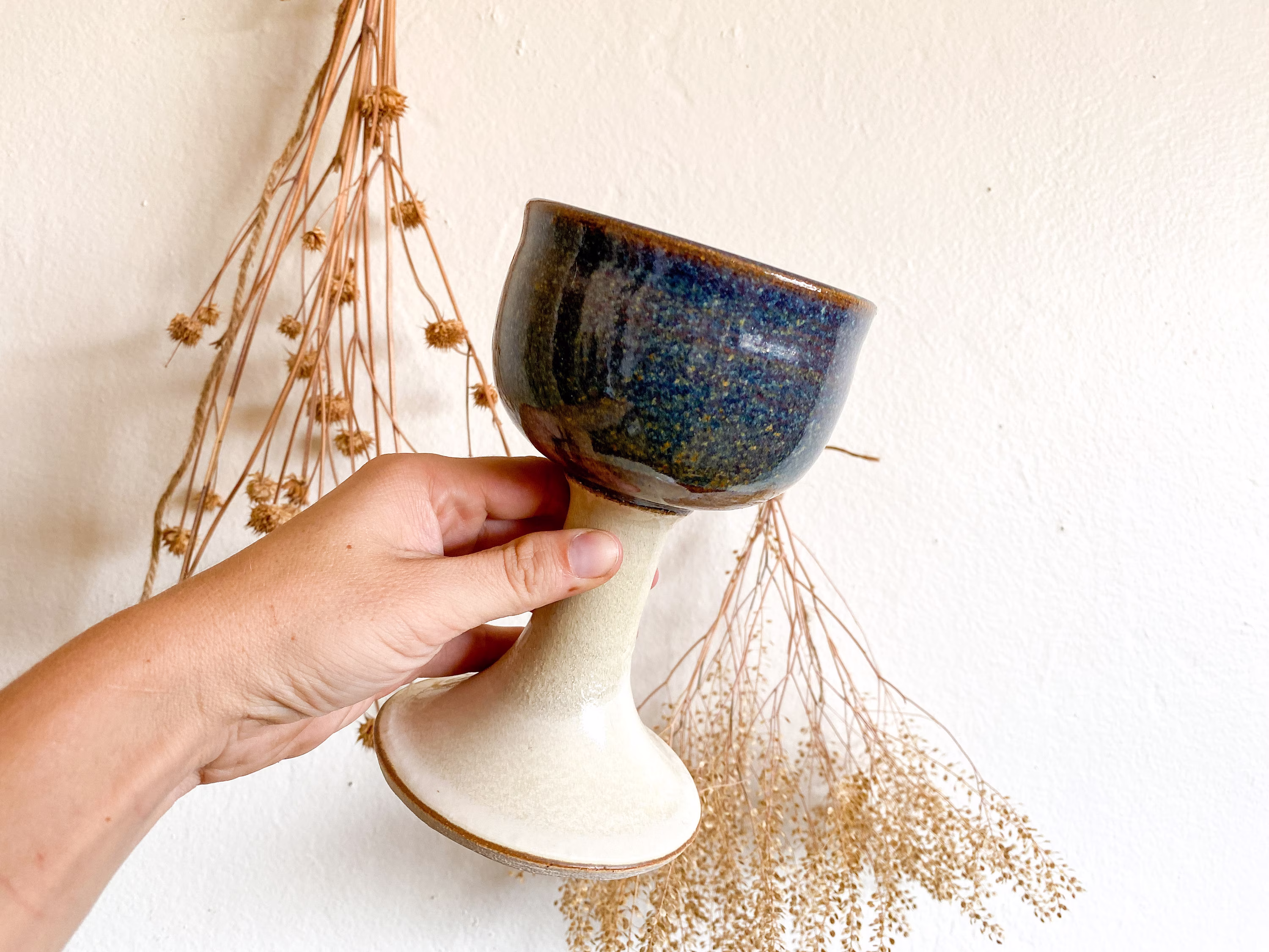 Vintage Textured Blue & Beige Pottery Goblet Stoneware Southwest Bar Kitchen Home Decor