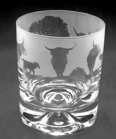 30Cl Glass Whisky Tumbler With Highland Cattle Frieze Design