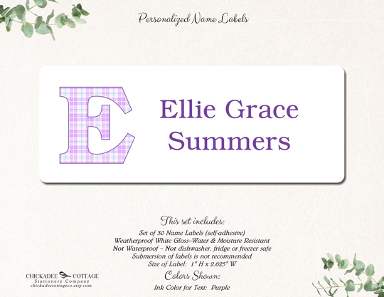 Initial School Supply Labels, Name Stickers, Labels For Girls, Book Personalized Custom Purple Plaid