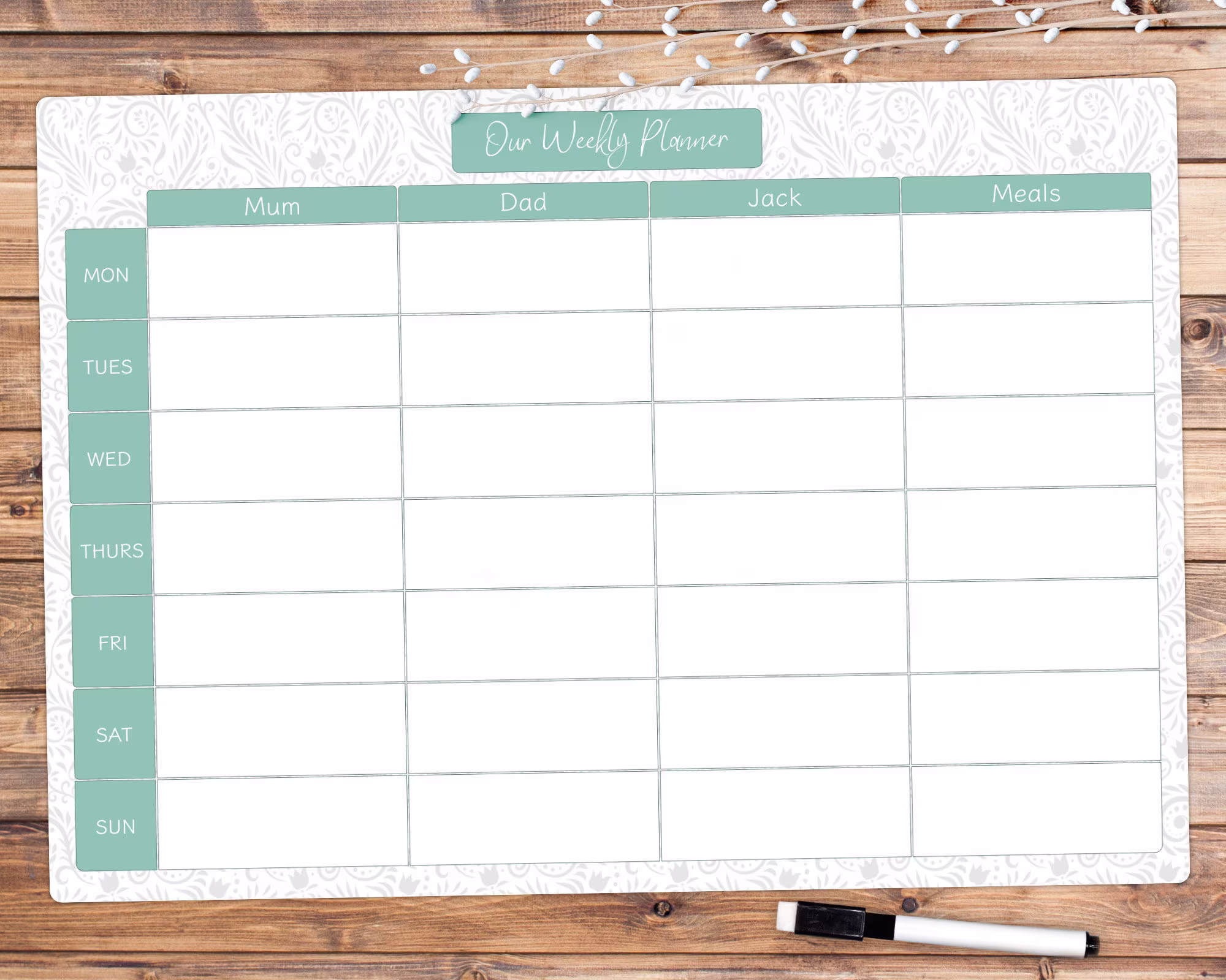 Weekly Planner Whiteboard, Dry Wipe Family Organiser, A3 Clean Meal Planner, Personalised Gift