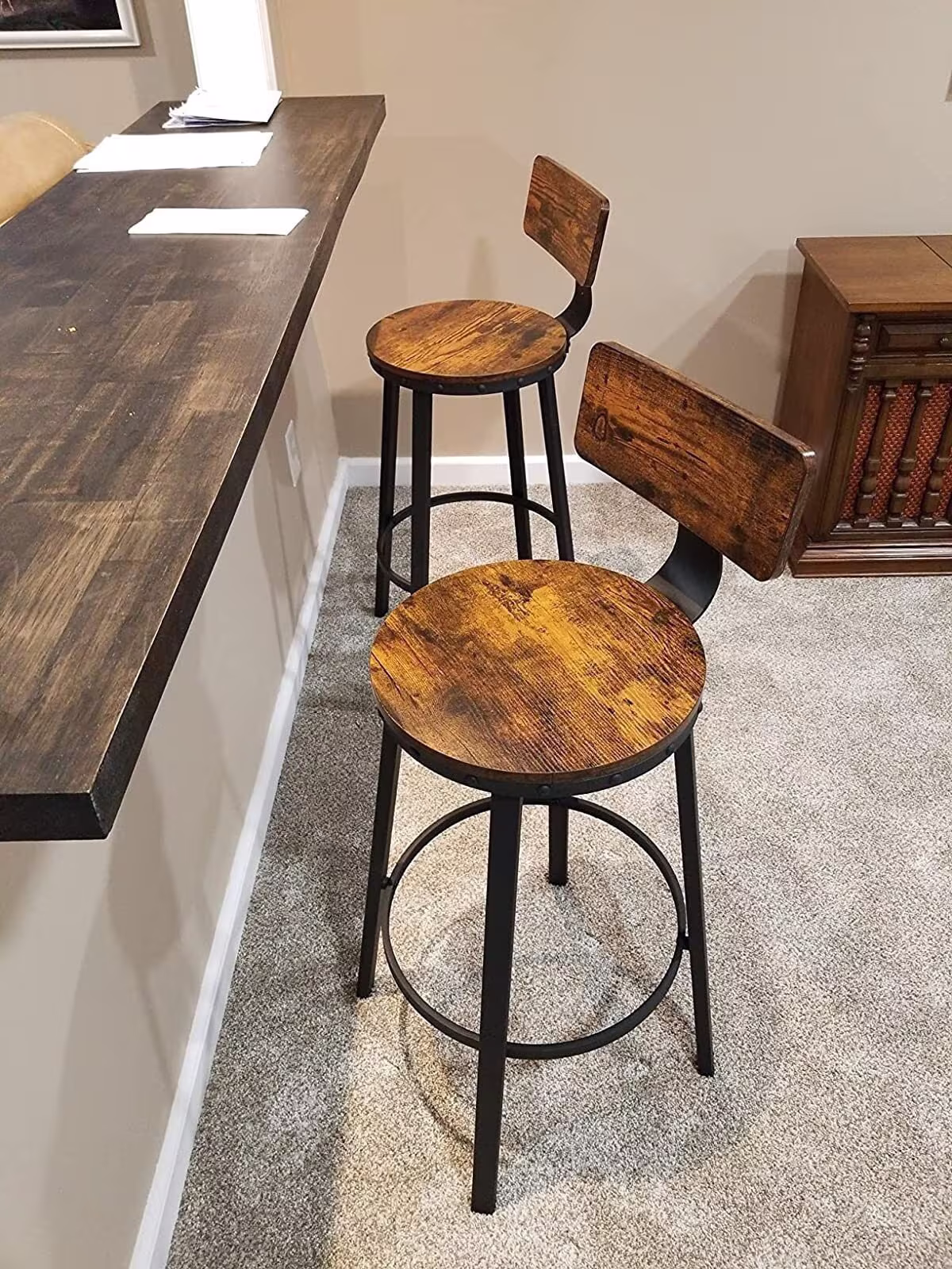 Industrial Bar Stools Backrest Set Of 2 Rustic Chairs Steel Frame Metal Dining Seat High Breakfast Kitchen Brown